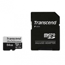 Transcend 64GB microSDXC 340S UHS-I U3 V30 A2 3D TLC (Class 10) paměťová karta (s adaptérem), 160MB/s R, 80MB/s W