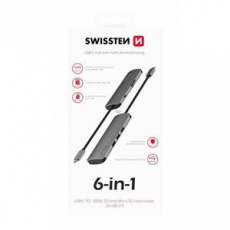 SWISSTEN USB-C HUB 6-IN-1 (USB-C PD, 3x USB 3.0, SD, MICRO SD) ALUMINIUM