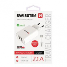 SWISSTEN SÍŤOVÝ ADAPTÉR SMART IC, CE 2x USB 2,1 A POWER BÍLÝ + DATOVÝ KABEL SWISSTEN USB / MICRO USB 1,2 M BÍLÝ