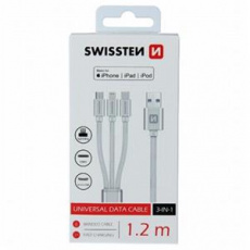 SWISSTEN DATOVÝ KABEL TEXTILE 3in1 MFi 1,2 M STŘÍBRNÝ