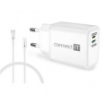 CONNECT IT DUPLEX Nabíjecí adaptér 1xLightning + 1×USB-C, 20W, kabel 27W, BÍLÝ