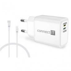 CONNECT IT DUPLEX Nabíjecí adaptér 1xLightning + 1×USB-C, 20W, kabel 27W, BÍLÝ