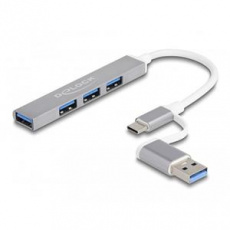 Delock 4 portový tenký USB Hub s USB Type-C™ nebo USB Typu-A na 3 x USB 2.0 Typ-A samice + 1 x USB 5 Gbps Typ-A samice