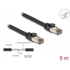 Delock Síťový kabel RJ45 Cat.6A, U/FTP, ultraohebný s vnitřním kovovým pláštěm, délky 5 m, černý