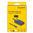 Delock USB 10 Gbps Hub se 4 porty USB Type-C™, z nichž 3 x datové porty a 1 x datový port s napájecím výkonem až 20 W