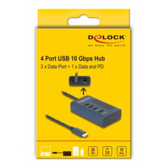 Delock USB 10 Gbps Hub se 4 porty USB Type-C™, z nichž 3 x datové porty a 1 x datový port s napájecím výkonem až 20 W