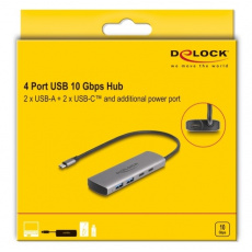 Delock Hub USB 10 Gbps se 2 porty USB Typ-A + 2 porty USB Type-C™ s konektorem USB Type-C™ a s dalším napájecím portem