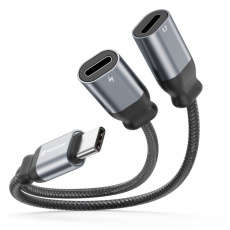 SWISSTEN NABÍJECÍ AUDIO ADAPTÉR TEXTILE USB-C (samec) / 2x USB-C (samice) 0,12 M ČERNÝ