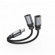 SWISSTEN NABÍJECÍ AUDIO ADAPTÉR TEXTILE USB-C (samec) / USB-C (samice) a 3,5mm AUX 0,12 M ČERNÝ