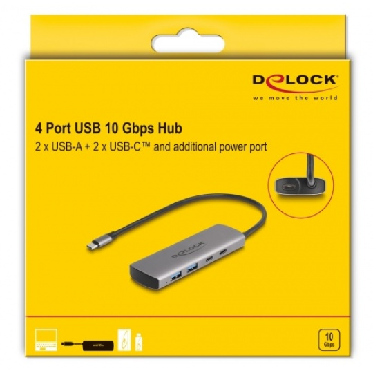 Delock Hub USB 10 Gbps se 2 porty USB Typ-A + 2 porty USB Type-C™ s konektorem USB Type-C™ a s dalším napájecím portem