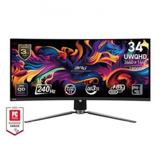 MSI Gaming monitor MPG 341CQPX QD-OLED, 34,18" QD-OLED zakřivený/3440x1440 (UWQHD)/240Hz/0,03ms/2xHDMI/DP/USB-A,B,C/Výškově nast.