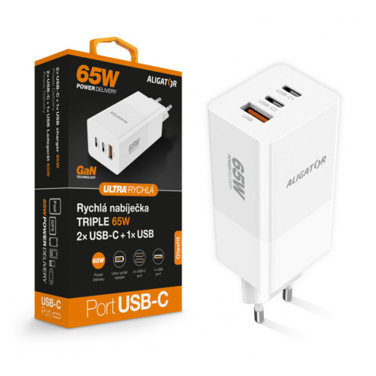 Aligator nabíječka PD65W, 2USB-C, 1xUSB-A, bílá