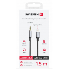 SWISSTEN AUDIO ADAPTÉR TEXTILE LIGHTNING (samec) / 3,5 mm JACK (samec) 1,5 M ČERNÝ (nahrazuje 73501213)