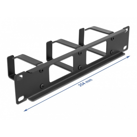 Delock 10” vyvazovací panel pro správu kabelů, 2 otvory a 3 háčky, 1U, černý