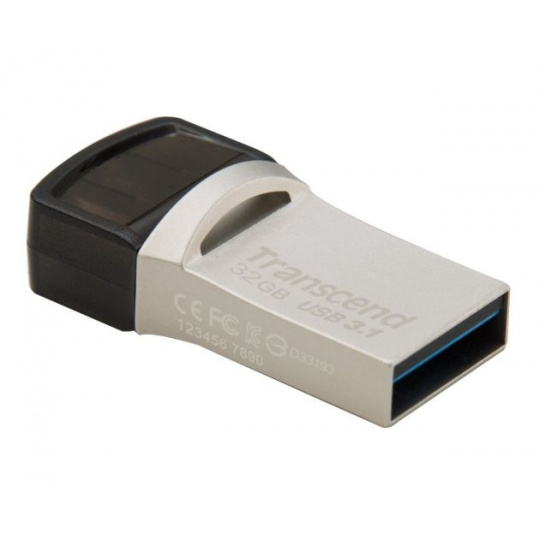 Transcend 32GB JetFlash 890, USB-C/USB 3.1 duální flash disk, malé rozměry, stříbrný kov, odolá prachu i vodě