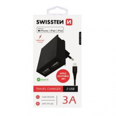 SWISSTEN SÍŤOVÝ ADAPTÉR SMART IC, CE 2x USB 3 A POWER ČERNÝ+ DATOVÝ KABEL SWISSTEN USB / LIGHTNING MFi 1,2 M ČERNÝ