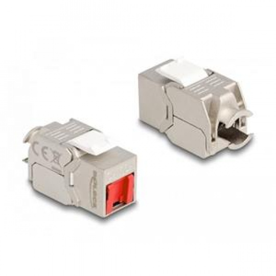 Delock Modul Keystone RJ45, ze zásuvky na LSA, Cat.6A, beznástrojový, s červeným protiprachovým krytem