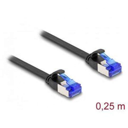 Delock RJ45 Plochý spojovací kabel ze zástrčky na zástrčku, Cat.6A, ohebný, 0,25 m, černý