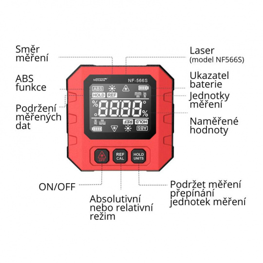 W-Star Digitální úhloměr WSNF566S, laser, magnet, 4x90°, stupně, %, mm/m