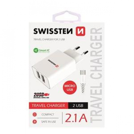 SWISSTEN SÍŤOVÝ ADAPTÉR SMART IC, CE 2x USB 2,1 A POWER BÍLÝ + DATOVÝ KABEL SWISSTEN USB / MICRO USB 1,2 M BÍLÝ