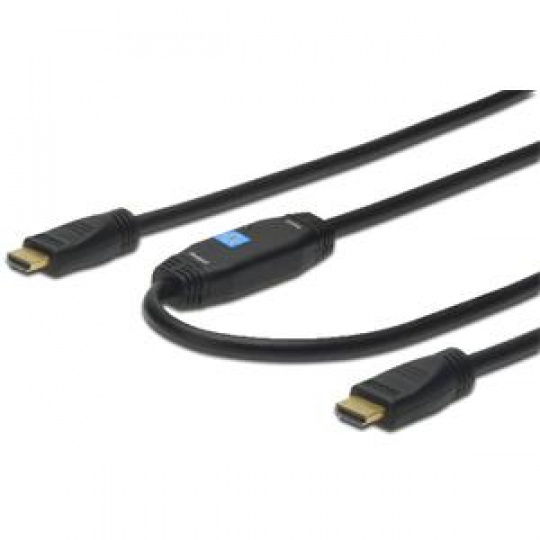 Digitus HDMI High Speed connection cable, type A, w/ amp. M/M, 15.0m, w/Ethernet, Ultra HD 24p, CE, gold, bl