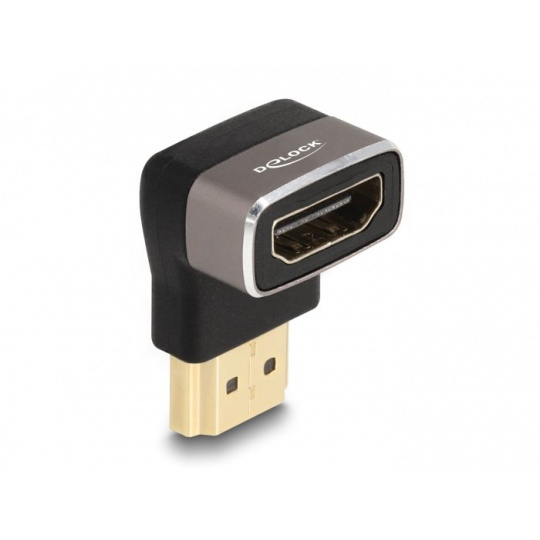 Delock Adaptér HDMI, ze zástrčky na zásuvku, 90° pravoúhlý nahoru 8K 60 Hz, šedá kovová