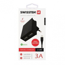 SWISSTEN SÍŤOVÝ ADAPTÉR SMART IC, CE 2x USB 3 A POWER ČERNÝ+ DATOVÝ KABEL SWISSTEN USB / LIGHTNING MFi 1,2 M ČERNÝ