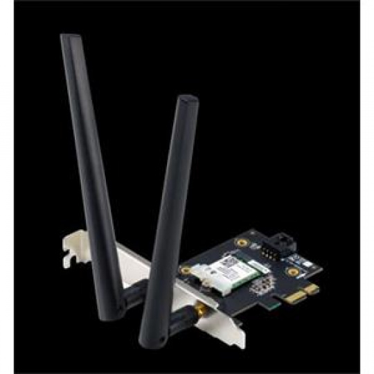 ASUS PCE-AXE5400, WiFi 6E PCI-E adaptér se 2 externími anténami. Podpora pásma 6 GHz, 160 MHz, Bluetooth 5.2