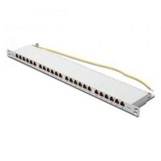 DIGITUS CAT 6 Patch Panel, stíněný, 24 portů RJ45 w. závěrka, 8P8C, LSA, 0,5U, 19 "montáž do racku, šedá