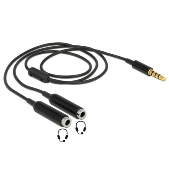 Delock adaptér stereo jack 3,5 mm samec,4 pin > 2 x stereo jack 3,5 mm samice,4 pin,25cm,černý