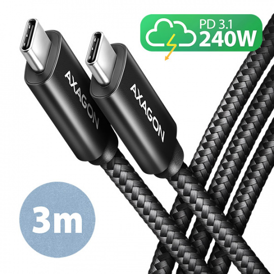 AXAGON BUCM2-CM30AB, CHARGE kabel USB-C <-> USB-C, 3m, Hi-Speed USB, PD 240W 5A, ALU, oplet, černý