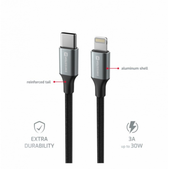 SWISSTEN DATOVÝ KABEL TEXTILE II USB-C / LIGHTNING 1,5 M ČERNÝ