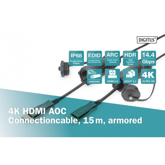 DIGITUS Připojovací kabel 4K HDMI AOC, ochranný kryt pro zástrčky IP 68; 15 m, 4K*2K@60HZ