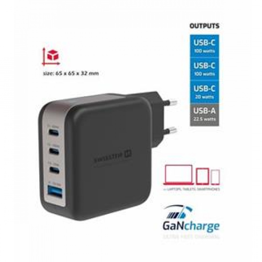 SWISSTEN SÍŤOVÝ ADAPTÉR GaN 3x USB-C 100W PD + 1x USB-A 18W QC ČERNÝ