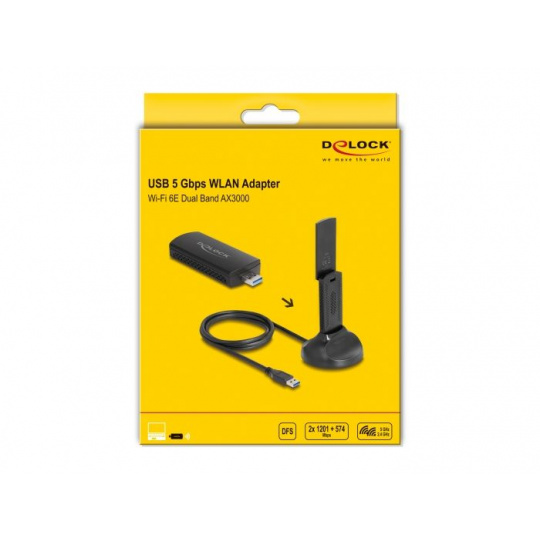 Delock Dvoupásmový Wi-Fi 6E WLAN USB adaptér AX3000 (2 x 1201 + 574 Mbps)