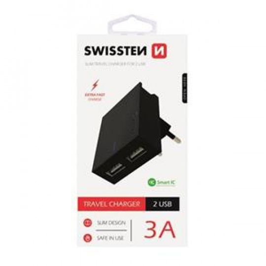 SWISSTEN SÍŤOVÝ ADAPTÉR SMART IC, CE 2x USB 3 A POWER ČERNÝ