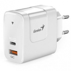 Genius PD-65AC, Napájecí adaptér, univerzální, 65W, 1× USB-C, 1× USB, PD 3.0, QC 3.0, bílý