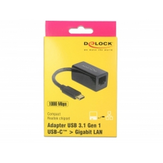 Delock Adaptér Super Speed USB (USB 3.1 Gen 1) s USB Type-C™ samec > Gigabit LAN 10/100/1000 Mbps kompaktní černý