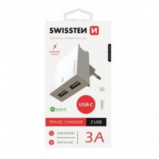 SWISSTEN SÍŤOVÝ ADAPTÉR SMART IC, CE 2x USB 3 A POWER BÍLÝ + DATOVÝ KABEL SWISSTEN USB / TYPE C 1,2 M BÍLÝ