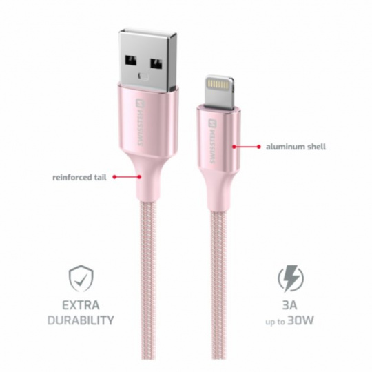 SWISSTEN DATOVÝ KABEL TEXTILE II USB / LIGHTNING 1,5 M RŮŽOVÝ