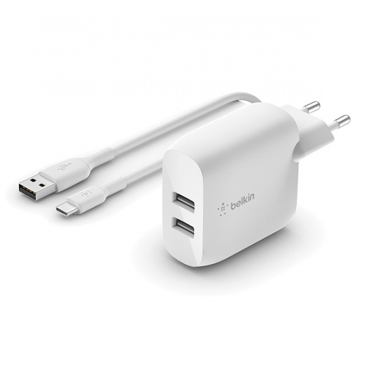 Belkin BOOST CHARGE™ Duální 24W USB-A nástěnná nabíječka + 1m USB-C kabel, bílá