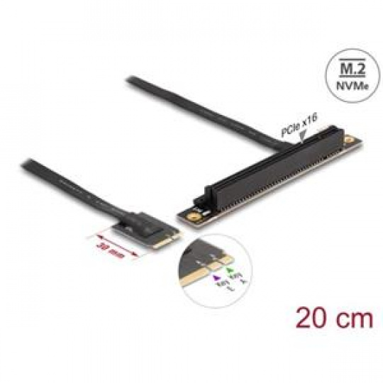 Delock Adaptér M.2 klíč A+E na PCIe x16 NVMe, pravoúhlý, s kabelem délky 20 cm