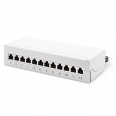 DIGITUS Desktop CAT 6A, patch panel, stíněné třídy EA, 12 portů RJ45, 8P8C, LSA, šedá RAL 7035