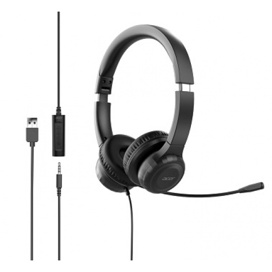 Acer Office Headset, 3,5 mm Jack / USB s ovládáním na kabelu; reproduktory: 30mm měniče; frekvenční rozsah 20Hz-20kHz