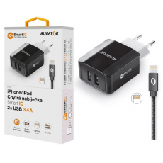 Chytrá síťová nabíječka ALIGATOR 3.4A, 2xUSB, smart IC, černá, kabel pro iPhone/iPad 2A