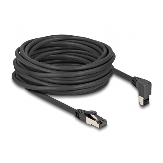 Delock Síťový kabel RJ45 Cat.8.1 S/FTP, zalomený nahoru o 90° / přímý, 10 m, černý