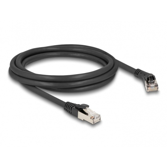 Delock Síťový kabel RJ45 Cat.8.1 S/FTP, ze zástrčky zalomené doprava 45° na přímou zástrčku, až 40 Gbps, 2 m, černý