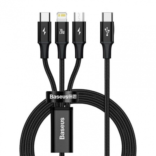 Baseus datový kabel USB-C Rapid Series 3v1 microUSB+Lightning+USB-C 1,5m PD 20W černý