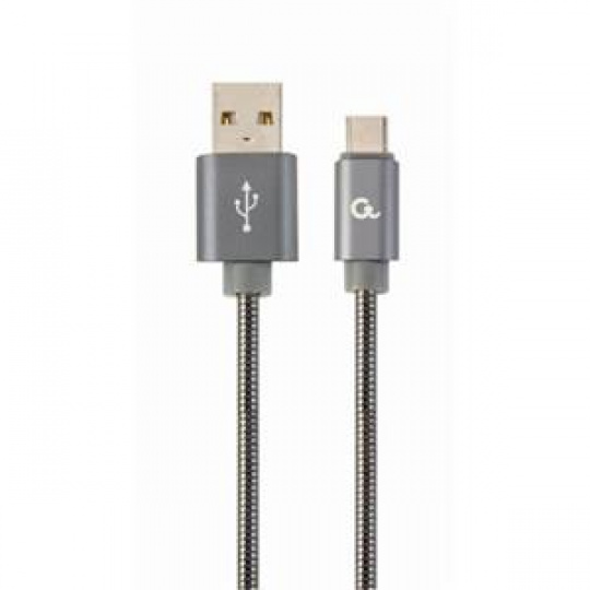 GEMBIRD CABLEXPERT Kabel USB 2.0 AM na Type-C kabel (AM/CM), 1m, metalická spirála, šedý, blister, PREMIUM QUALITY