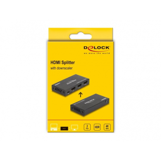 Delock HDMI Splitter 1 x vstupní HDMI na 2 x výstupní HDMI 4K 60 Hz, se zařízením na snížení měřítka